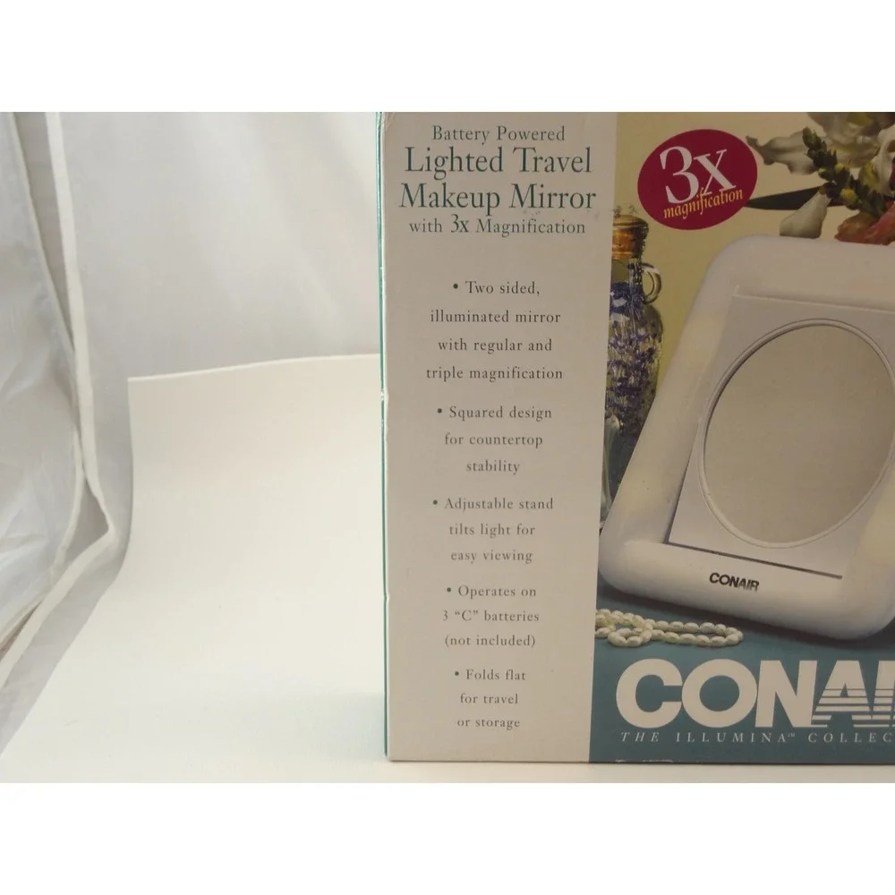 Conair Lighted Travel Makeup Mirror W/ 3x Magnification Square‎ Vintage 1990's